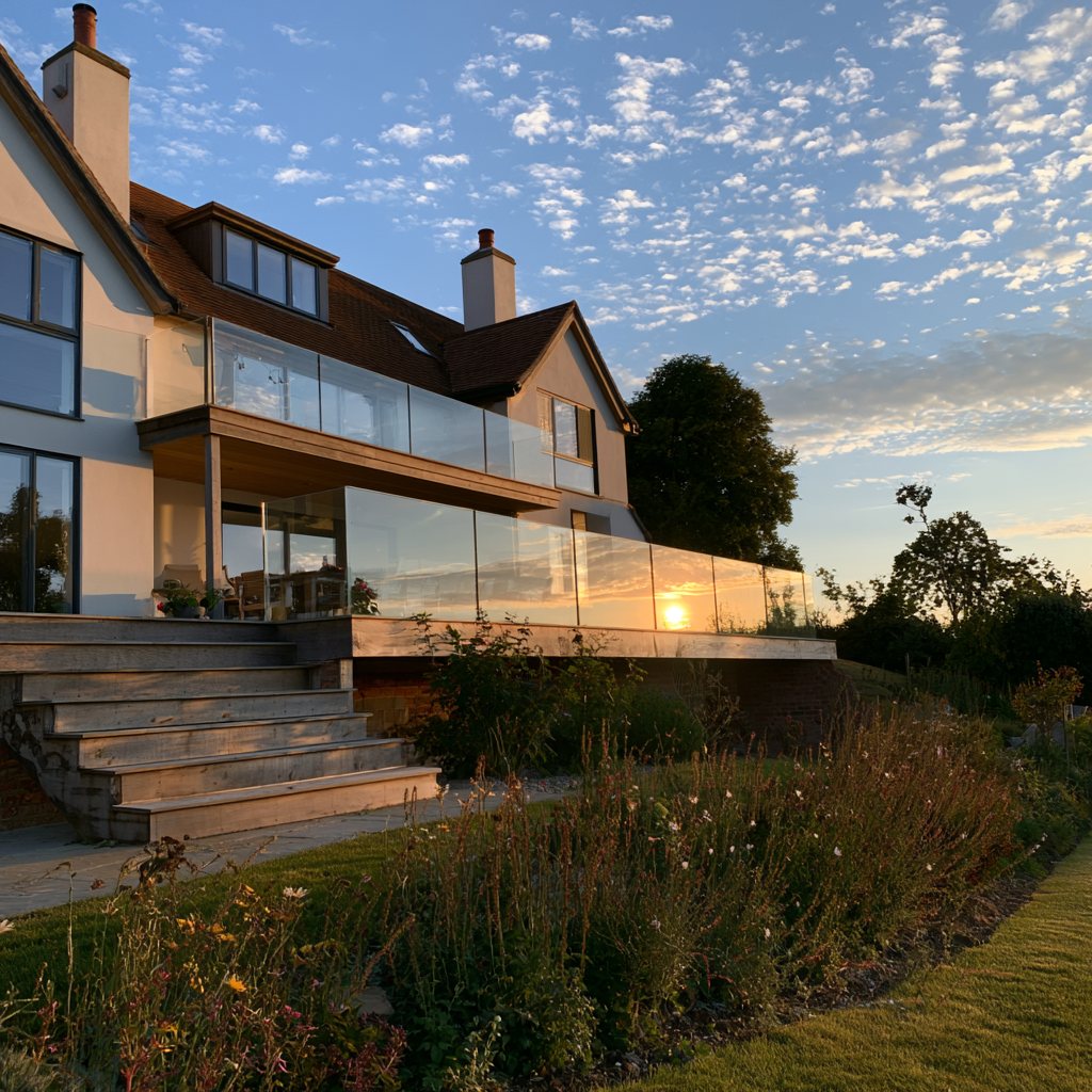 Glass balustrade system installed on a residential balcony at sunset